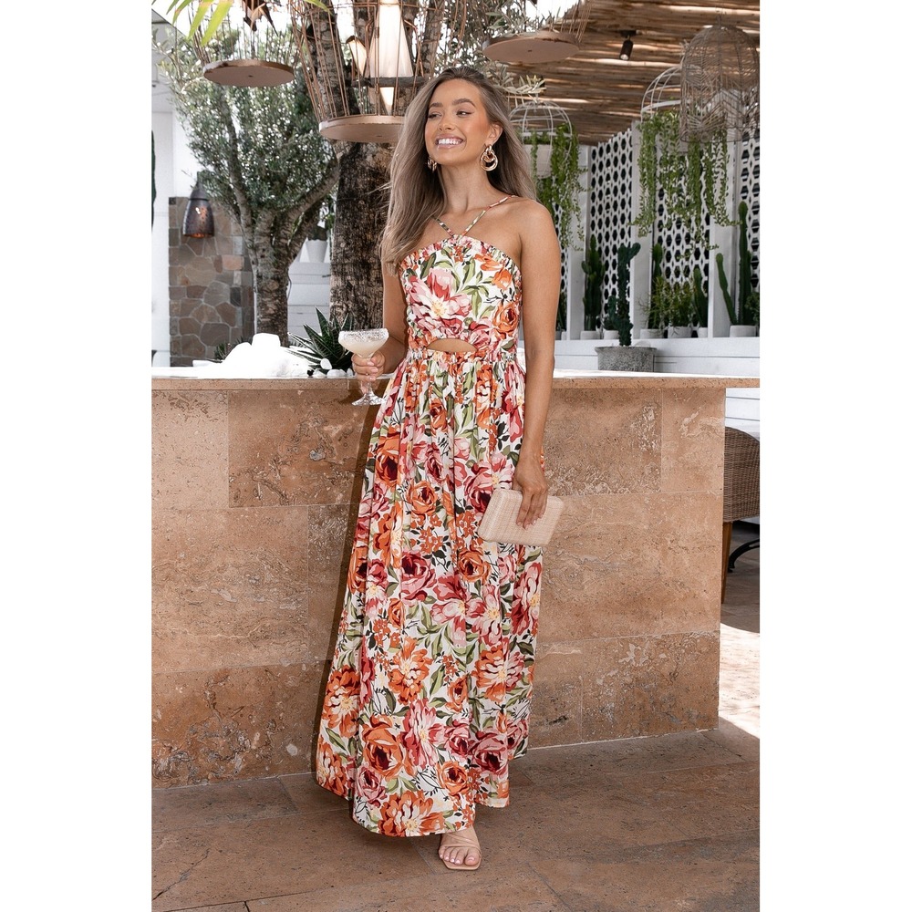 Seven Wonders Floral One-Shoulder Maxi Dress Multi Cutout Strappy Back Small